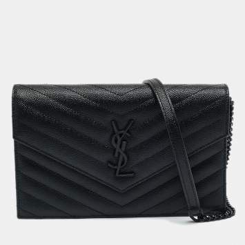 مملوكة مسبقًا Saint Laurent Black Matelassé Leather Cassandre Envelope Wallet on Chain