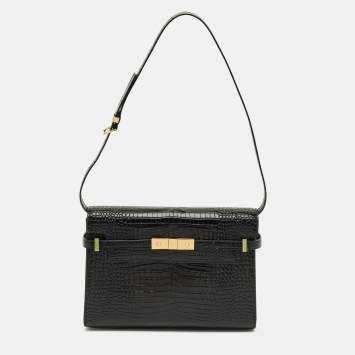 Pre Owned Saint Laurent Black Croc Embossed Leather Manhattan Shoulder Bag