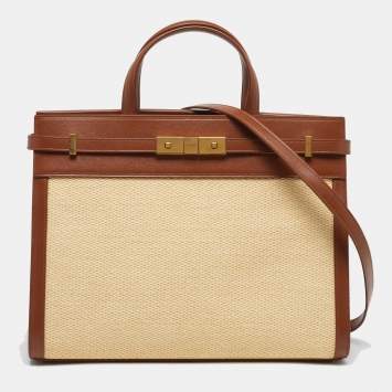 Pre Owned Saint Laurent Manhattan Small Brown/Natural Raffia and Leather Tote