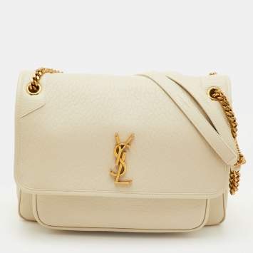 مملوكة مسبقًا حقيبة كتف سان لوران نيكي متوسطة جلد محبب أبيض مصفر