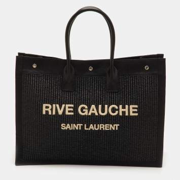 مملوكة مسبقًا Saint Laurent Rive Gauche Large Black Raffia and Canvas Shopper Tote