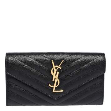 Pre Owned Saint Laurent Paris Black Matelassé Leather Monogram Flap Wallet