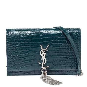 مملوكة مسبقًا Saint Laurent Deep Green Croc Embossed Leather Kate Tassel Wallet on Chain 