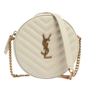 Pre Owned Saint Laurent Off White Leather Round Vinyle Crossbody Bag