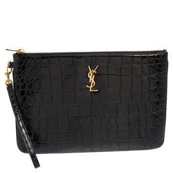 Pre Owned Saint Laurent Black Croc Embossed Leather Monogram Wristlet Pouch 
