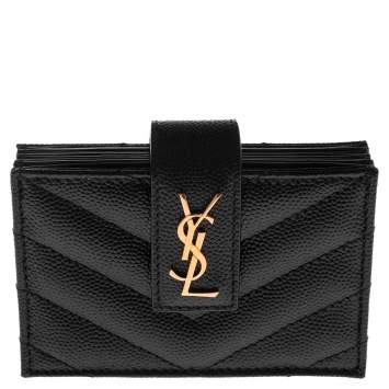 Pre Owned Saint Laurent Black Matelassé Leather Monogram Card Holder