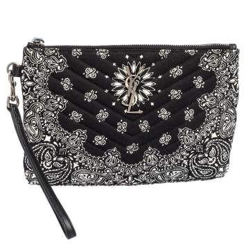 Pre Owned Saint Laurent Black Bandana Print Fabric Monogram Wristlet Pouch