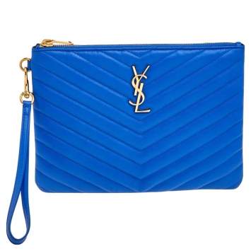 Pre Owned Saint Laurent Blue Leather Zip Pouch 