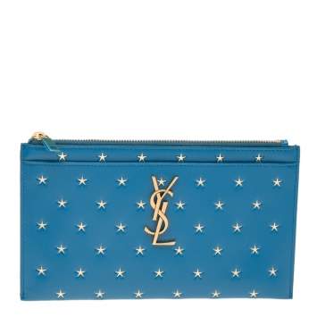 Pre Owned Saint Laurent Blue Leather Star Embossed Clutch