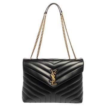 Pre Owned Saint Laurent Black Matelassé Leather Medium LouLou Shoulder Bag