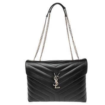 Pre Owned Saint Laurent Black Matelassé Leather Medium LouLou Shoulder Bag