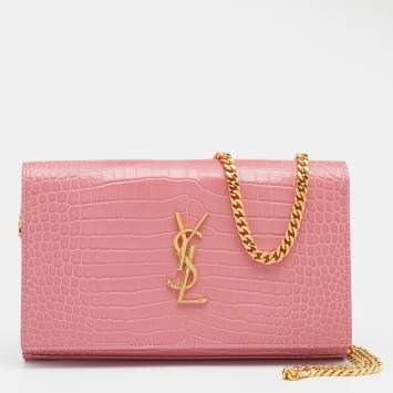 Pre Owned Saint Laurent Paris Pink Croc Embossed Leather Monogram Chain Wallet