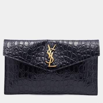 Pre Owned Saint Laurent Black Croc Embossed Leather Uptown Flap Clutch