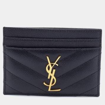 Pre Owned Saint Laurent Black Matelasse Leather Monogram Card Holder