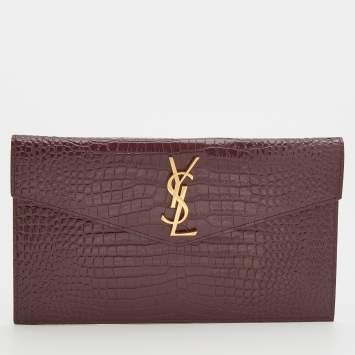 Pre Owned Saint Laurent Burgundy Croc Embossed Leather Uptown Clutch