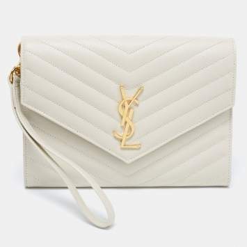 Pre Owned Saint Laurent Ivory Matelassé Leather Cassandre Wristlet Pouch