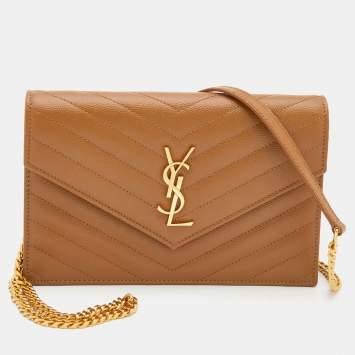 Pre Owned Saint Laurent Brown Matelassé Leather Monogram Envelope Wallet On Chain