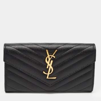 Pre Owned Saint Laurent Black Matelassé Leather Cassandre Wallet