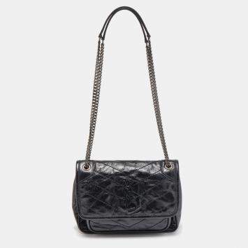 Pre Owned Saint Laurent Black Crinkled Leather Baby Niki Chain Shoulder Bag
