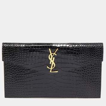 Saint Laurent Black Croc Embossed Leather Uptown Pouch