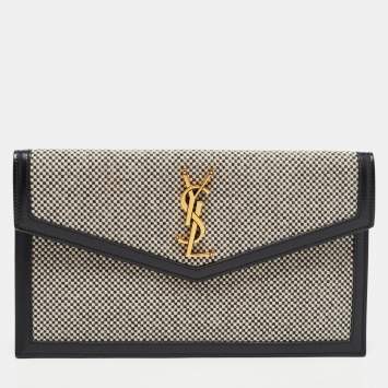Pre Owned Saint Laurent Black/Beige Canvas and Leather Uptown Pouch