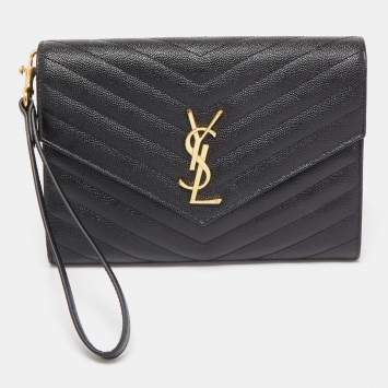 Pre Owned Saint Laurent Black Matelassé Leather Cassandre Wristlet Pouch
