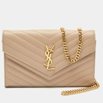 Pre Owned Saint Laurent Beige Leather Cassandra Wallet on Chain