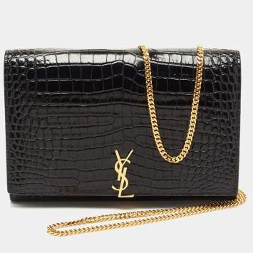 Pre Owned Saint Laurent Black Croc Embossed Leather Monogram Wallet On Chain