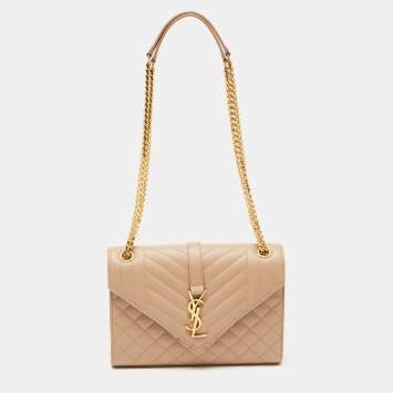 Pre Owned Saint Laurent Beige Matelassé Leather Small Envelope Chain Shoulder Bag