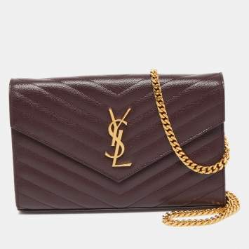 Pre Owned Saint Laurent Burgundy Matelasse Leather Cassandra Wallet on Chain