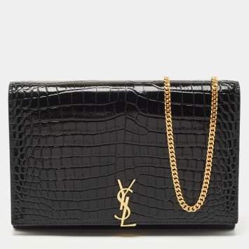 Saint Laurent Black Croc Embossed Leather Monogram Wallet On Chain