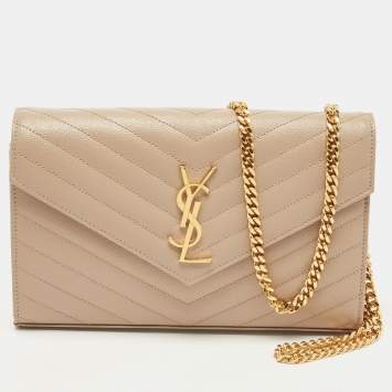 Pre Owned Saint Laurent Beige Matelassé Leather Cassandre Wallet on Chain