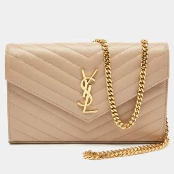 Saint Laurent Beige Matelassé Leather Cassandre Wallet on Chain