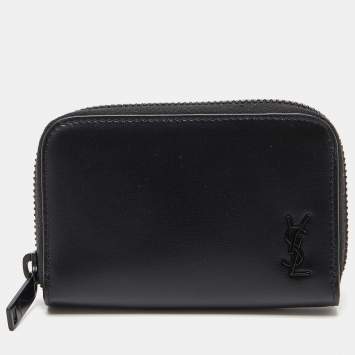 Pre Owned Saint Laurent Black Leather Cassandre Compact Zip Around Wallet