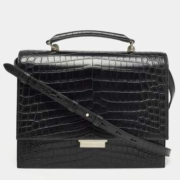 Pre Owned Saint Laurent Black Croc Embossed Leather Medium Babylone Top Handle Bag