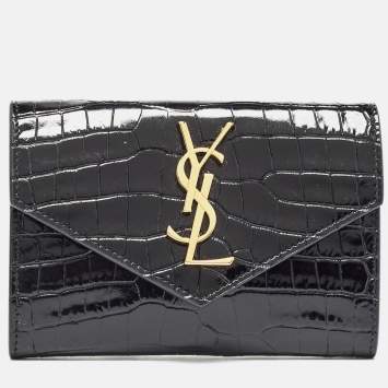 Pre Owned Saint Laurent Black Croc Embossed Leather Monogram Compact Wallet