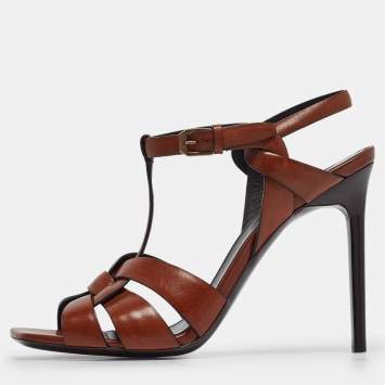Pre Owned Saint Laurent Brown Leather Tribute  Sandals Size 39.5