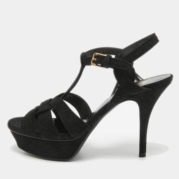 Pre Owned Saint Laurent Black Glitter Suede Tribute  Sandals Size 37