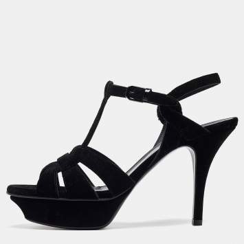 Pre Owned Saint Laurent Black Velvet Tribute Sandals Size 38.5