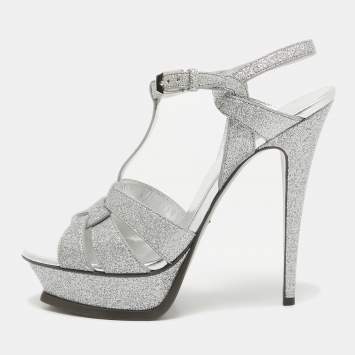 Pre Owned Saint Laurent Silver Glitter Tribute Sandals Size 41