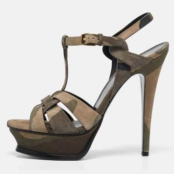 Pre Owned Saint Laurent Green Camouflage Suede Tribute Sandals Size 38