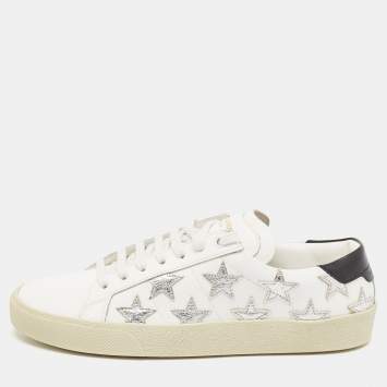 Pre Owned Saint Laurent White/Silver Leather Court Classic Star Sneakers Size 38.5