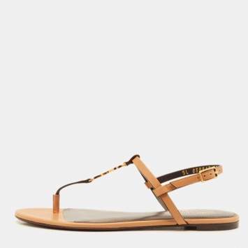 Pre Owned Saint Laurent Brown Leather Cassandra Flat Sandals Size 37