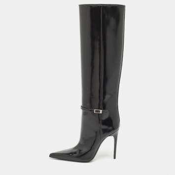 Saint Laurent Black Glazed Leather Vendome Knee Length Boots Size 39 