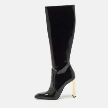 Saint Laurent Black Glazed Leather Auteuil Knee Length Boots Size 40