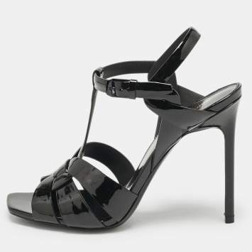 Saint Laurent Black Patent Leather Tribute Sandals Size 38
