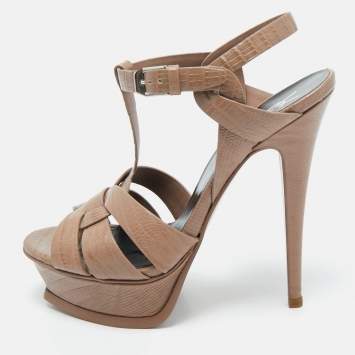 Pre Owned Saint Laurent Beige Lizard Embossed Leather Tribute Ankle Strap Sandals Size 36