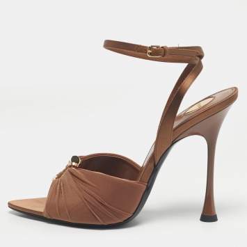 Pre Owned Saint Laurent Brown Satin and Stretch Fabric Lola Ankle Strap Sandals Size 39