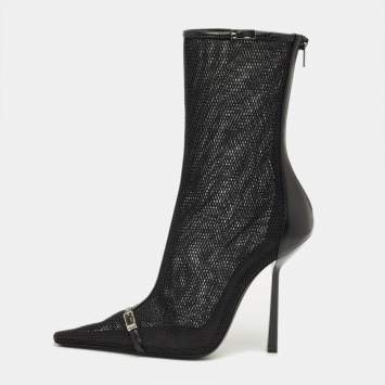 Pre Owned Saint Laurent Black Leather and Mesh Oxalis Ankle Boots Size 39