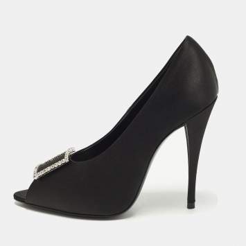 مملوكة مسبقًا Saint Laurent Franky Size 38.5 Black Satin Peep Toe Pumps